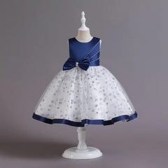 Kids Pearl Detailing Large Bow Floral Tulle Skirt Girls Sleeveless Dress Satin Accented Bodice Satin Hem Children Elegant Outfit