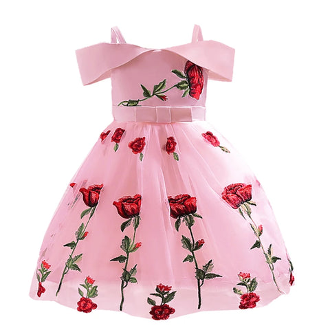 Girls Dress Rose Embroidery Off Shoulder Princess Dresses Children Clothing Birthday Wedding Party Dress Formal Occasion Dress