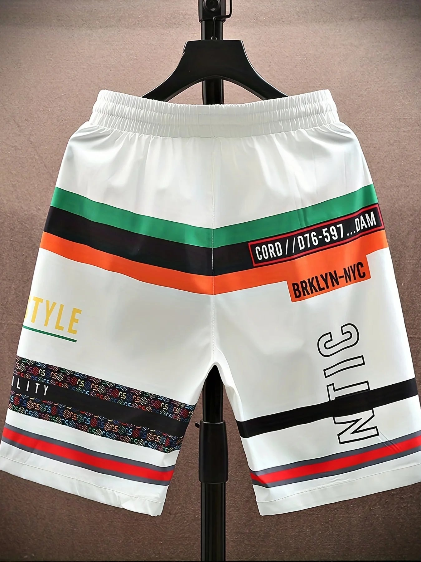 Bear Pattern Letter Print Striped Quick Drying Comfy Shorts Summer Men's Casual Drawstring Shorts For Summer Fitness Beach Short