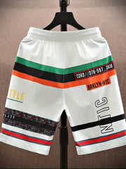 Bear Pattern Letter Print Striped Quick Drying Comfy Shorts Summer Men's Casual Drawstring Shorts For Summer Fitness Beach Short