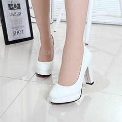 2025 High Heels Shoes Women White Wedding Shoes Thick 10 CM Heels Fashion Party Pumps Footwear Black Red Round