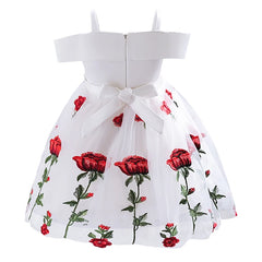 Girls Dress Rose Embroidery Off Shoulder Princess Dresses Children Clothing Birthday Wedding Party Dress Formal Occasion Dress
