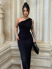 Women Maxi Dresses Sexy Split Black Sleeveless Backless Slim Dress Summer Female Fashion Off Shoulder Club Elegant Party Dresses