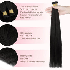 I Tip Hair Extensions Real Human Hair 50 Strands Jet Black Straight Pre-Bonded I Tip Hair Extensions Add Hair Length&Volume 50g