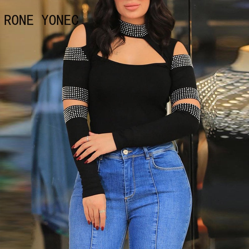 Women Casual Rhinestone Patchwork Hollow Out Long Sleeves Round Neck Sexy Black Basic Blouse Tops