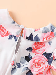 White Base Rose Print Girls Ruffle Sleeve Pleated Dress Sweet Style Summer Outfit