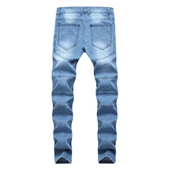 Trendy Brand Motorcycle Men's Jeans Unique Ripped Slim Fit Streetwear High Elasticity Smooth Slimming Effect Casual Denim