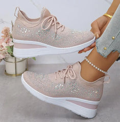 Women's Shiny Rhinestone Wedge Sneakers Breathable Knit Non Slip Walking Shoes Woman Plus Size Fashion Thick Sole White Sneakers
