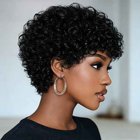 Short Pixie Cut Wig Human Hair Wig Afro Kinky Curly with Bangs for Women Full Machine Made Wig