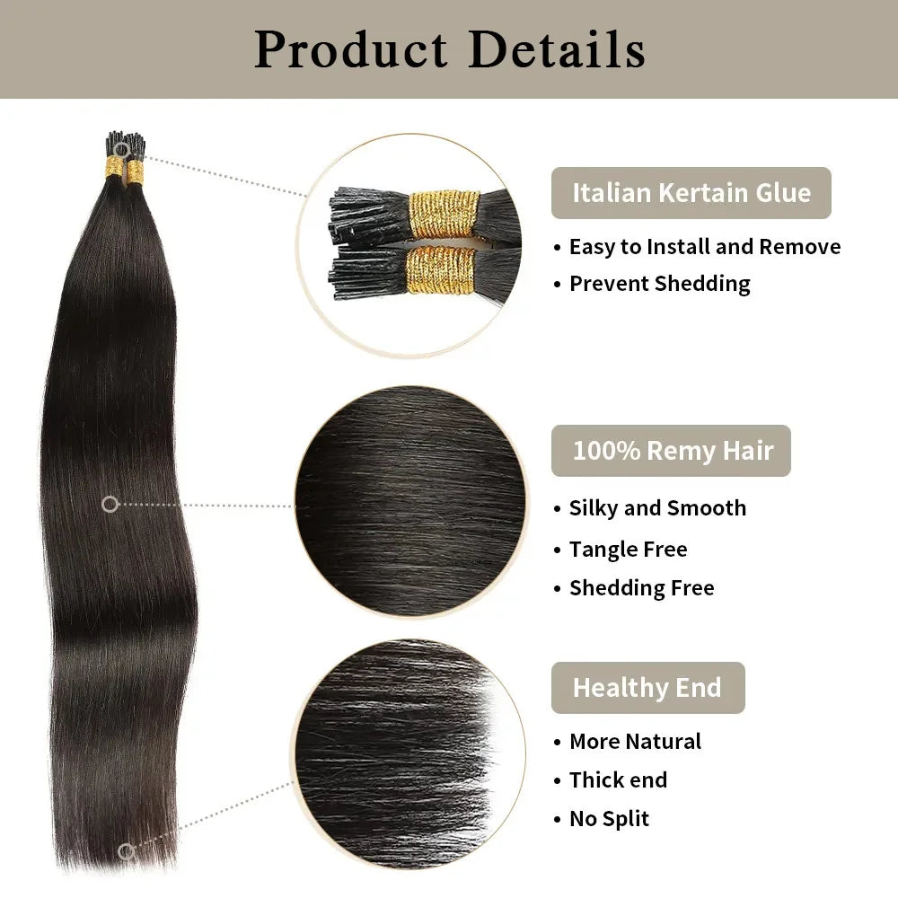 Straight I Tip Hair Extensions Natural Color Brazilian Human Hair Extensions 100% Real Hair For Woman Capsule Keratin 26 Inches