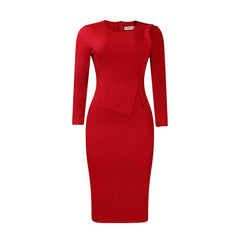 Women 2024 Autumn Pencil Dress Round Collar Full Sleeve Slim Vestidos Solid Tight Waist Temperament Office Lady Folds Dresses