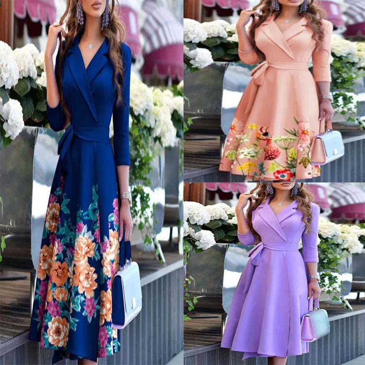 New Womens Dress Clothing Printing Suit Collar Tie Dress