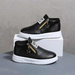 COMFY KIDS Kids' Black Lychee Pattern Faux Leather High-Top Sneakers, Side Zipper with Star Charm, Soft Elastic Rubber Sole Ligh