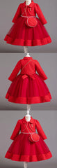 Spring Flower Girl Elegant Dresses for Wedding Girls’ Formal Dress with Bag 3 PC Set Long Sleeve