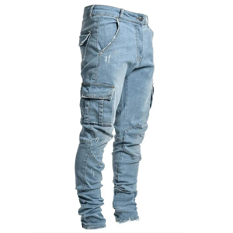 New Men's Slim Fit Stretch Jeans Casual Fashion Multi Pocket Cargo Denim Pants High  Jeans Work Hip Hop