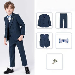 90-170 Teenager Kids Spring Beige 4Pieces/s Jacket Vest Pants Bowtie Wedding Dress Boys Photography Suit Children Host Costume