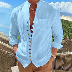 2025 Men's New Cotton and Linen Pocket Retro Stand-Up Collar Long-Sleeved Shirt Casual Multi-Button