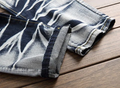 Jeans Men Vintage Distressed Pencil Pants Mid Waist Zipper Pockets Slim Ankle Length Trousers