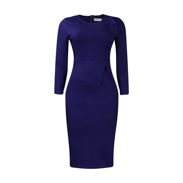 Women 2024 Autumn Pencil Dress Round Collar Full Sleeve Slim Vestidos Solid Tight Waist Temperament Office Lady Folds Dresses