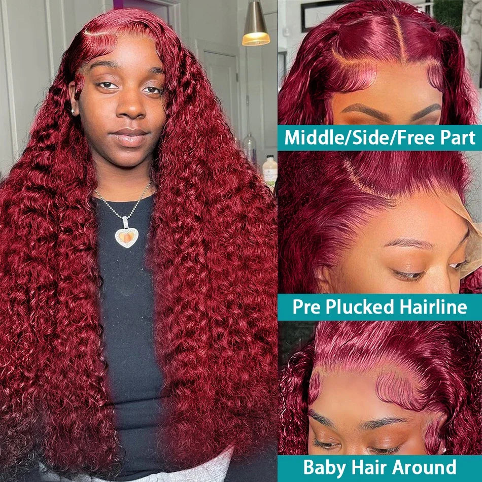 99J Burgundy Deep Wave 13x6 Transparent Lace Frontal Wig Water Wave Human Hair 13x4 13x5 Lace Front Wine Red Color Curly Wigs