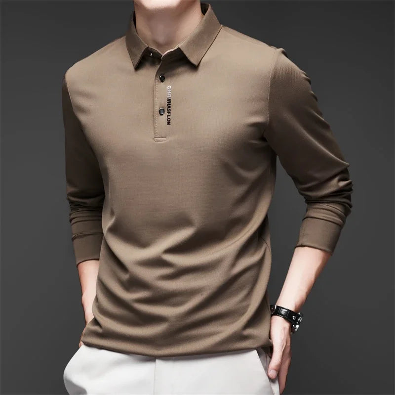 New Men's Business Casual Long Sleeved Shirt with Badge Solid Color Polo Shirt