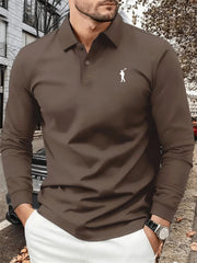 Men's Autumn Collared Polo Shirt Solid-Color Long-Sleeve Polo with Minimalist Chest Print Suitable for Business Casual and Golf