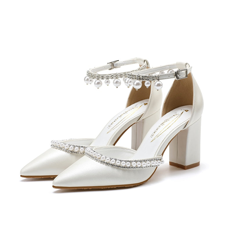 Women&#39;s Shoes High Heels Sexy Pumps Wedding Bride Shoes Pearl Rhinestones Thick High-heeled Pointed Toe For Spring 2022 Sandals