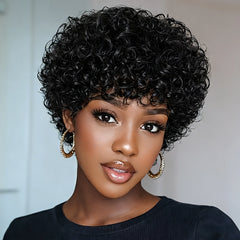 Short Pixie Cut Wig Human Hair Wig Afro Kinky Curly with Bangs for Women Full Machine Made Wig