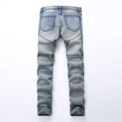 Trendy Brand Motorcycle Men's Jeans Unique Ripped Slim Fit Streetwear High Elasticity Smooth Slimming Effect Casual Denim