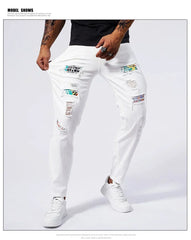 White 97% Cotton Jeans Men Clothing New Ripped Slim Patchwork Fashion Hole Skinny Elasticity Denim Trousers Male Streetwear