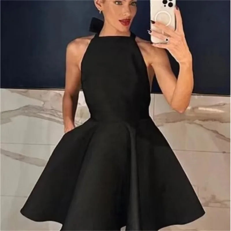 Black Backless Mini Skirt For Women Off The Shoulder Hollowed Out Fashion Sleeveless Party Dress Sexy A-line Tie Bow Club 2024