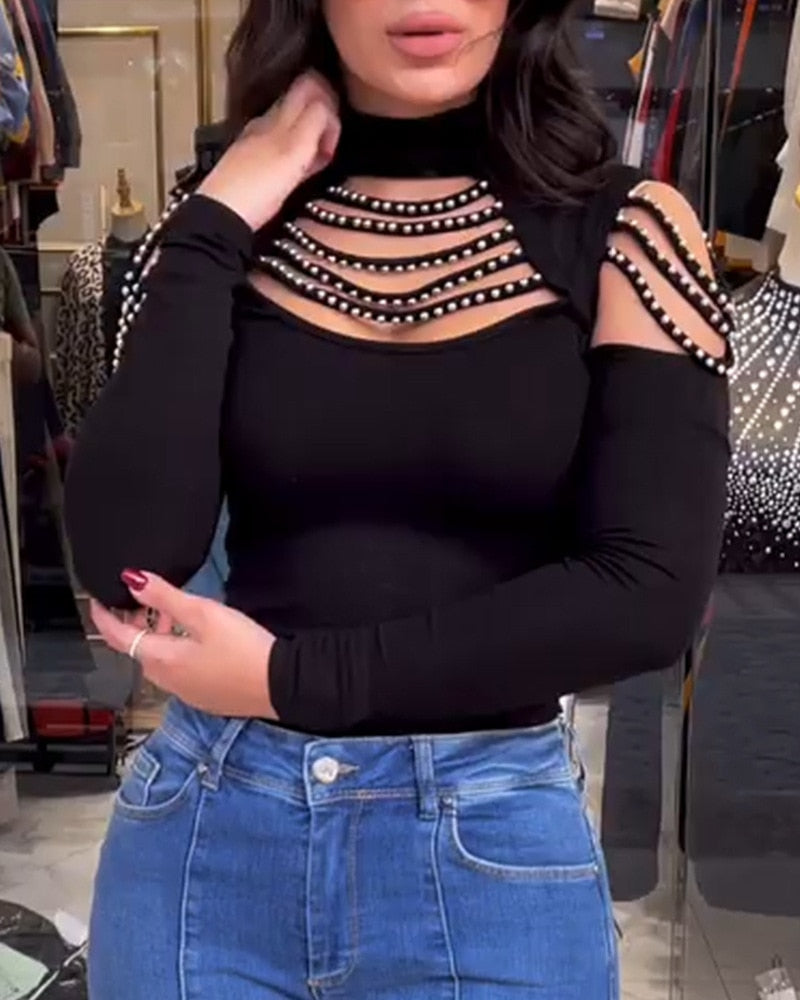 Studded Ladder Cutout Long Sleeve Top Women Spring Summer Hollow Out Fashion Casual T Shirt Pullover Tops