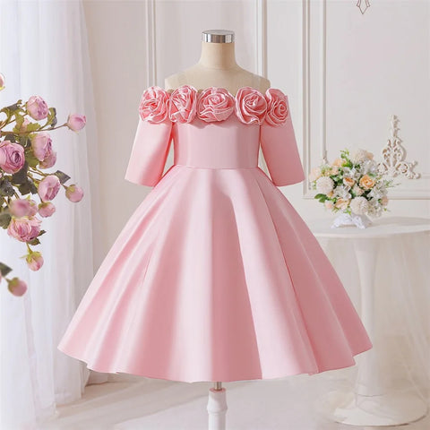 New Girls Pink Knee Length Shoulderless Dress Older Children Shoulder 3D Flower Dress Party Catwalk Evening Dress 8-12Y ASQ03
