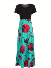 Retro Elegant Commuter Style Polka Dot High Waist  Flower Print Color Matching Short Sleeved Dress