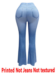 1578 [Printed Pants - Not Faux Denim Fabric]2D Printed Faux Effect, Printed Flared Trousers - Non-Faux Denim