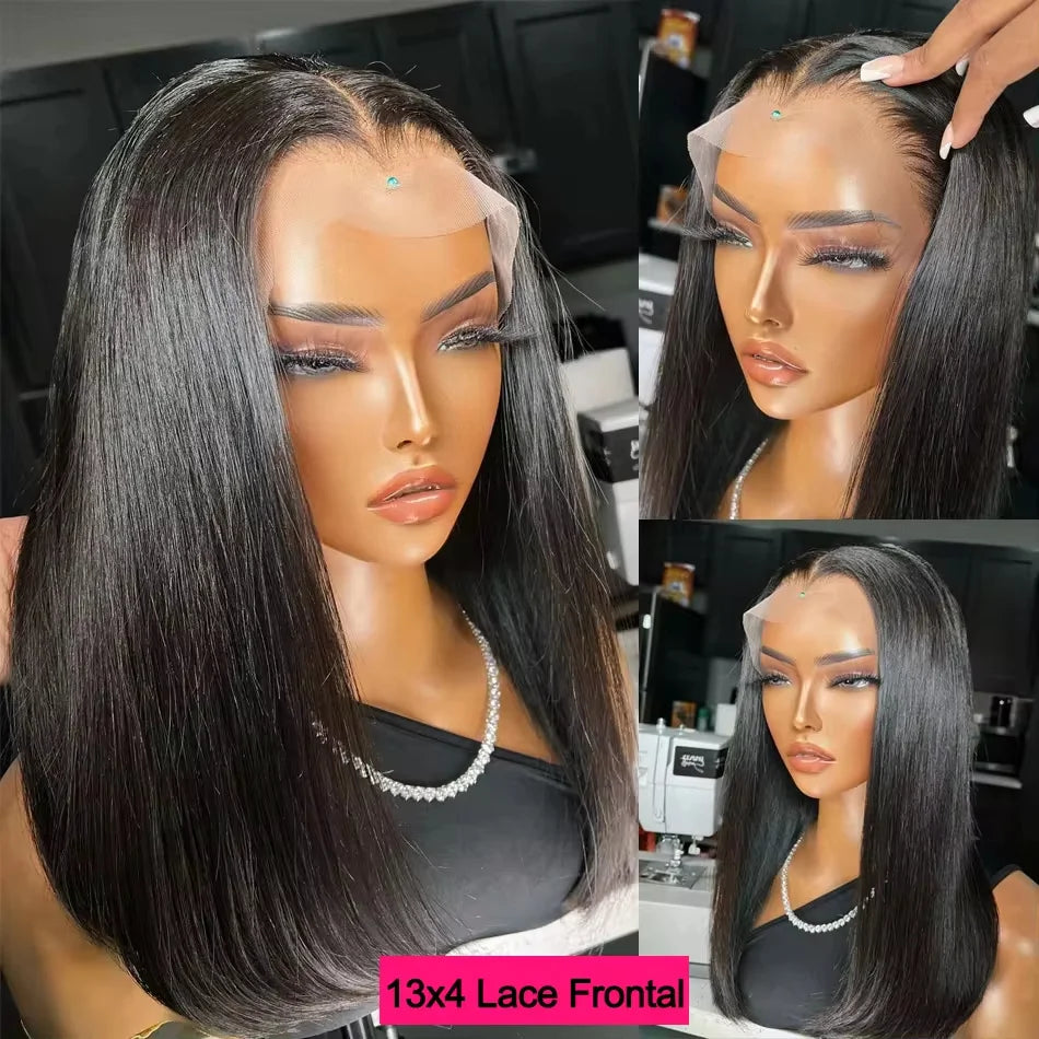 100% Vietnamese Super Double Drawn Bone Straight 13x4 Frontal Bob Wig with Human Hair Natural Black 210% Density For Black Women