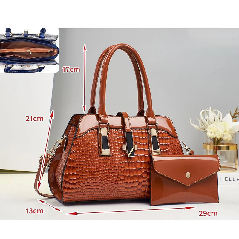 Luxury Brand Crocodile Handbag Women Tote Bag Bright Leather