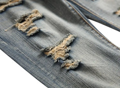 American Fashion Street Style Ripped Skinny Jeans  Street Riding Stretch Slim Fit Straight Pants Patchwork  Denim Trousers Male