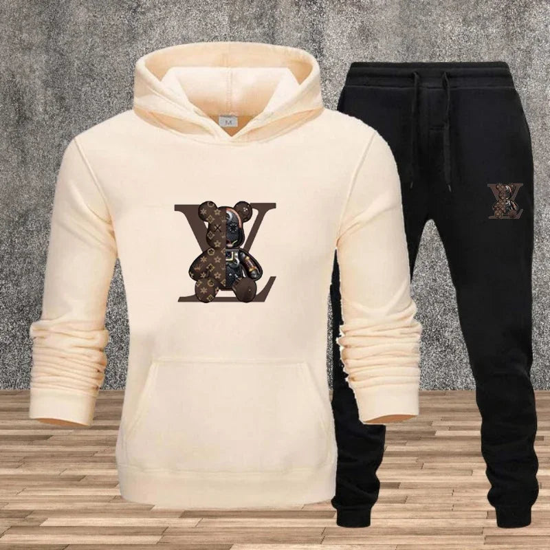 Men's hooded pullover + sweatpants fitness set for autumn and winter, casual jogging two-piece set