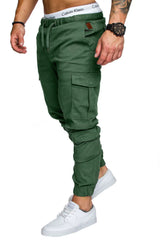 Men High Elastic Cargo Pants Summer Lace Up Drawstring Pocket Harem Stretch Full Trousers BSD-8811