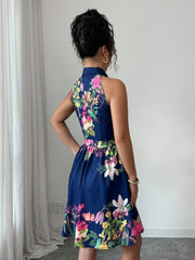 Tropical Print Halter Neck Dress, Vacation Style Backless Dress For Spring & Summer, Women Clothing Women Dress Summer Slimming