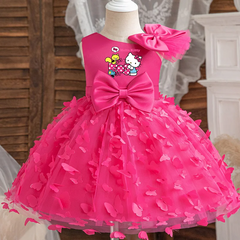 Hello Kitty Girl Princess Dress Kid Clothes Party Birthday Outfits Evening Party Tulle Dress Wedding Wear Summer Bowknot Dress