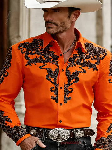 Men's Western Cowboy Style Fashion Print Long-Sleeve Shirt, Retro Lapel Slim Fit, Outdoor Casual Shirt, Sizes XS-6XL, 21 Colors