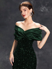 Mgiacy Line neck pleated tint sequin velvet fishtail Dress Evening Gown Ball dress Party dress Bridesmaid dress