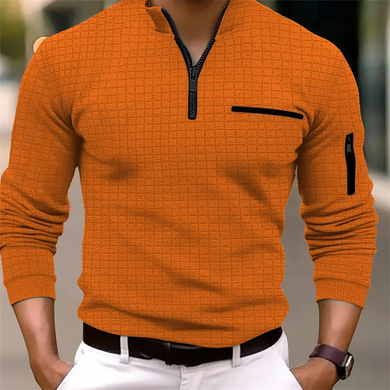 2025 Spring and Autumn New Men's Plaid Turtleneck Zipper Long Sleeve Polo Shirt  Casual