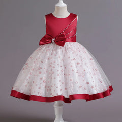 Kids Pearl Detailing Large Bow Floral Tulle Skirt Girls Sleeveless Dress Satin Accented Bodice Satin Hem Children Elegant Outfit