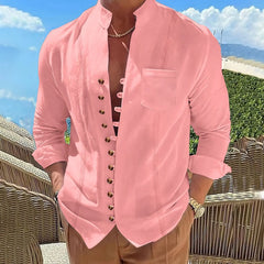 2025 Men's New Cotton and Linen Pocket Retro Stand-Up Collar Long-Sleeved Shirt Casual Multi-Button