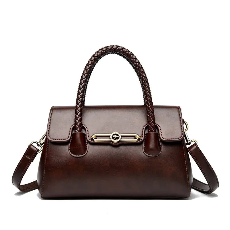 Retro High Quality Oil Leather Women Top-handle Shoulde Bags Vintage Casual Totes Trendy Lock Designer Handbag Small
