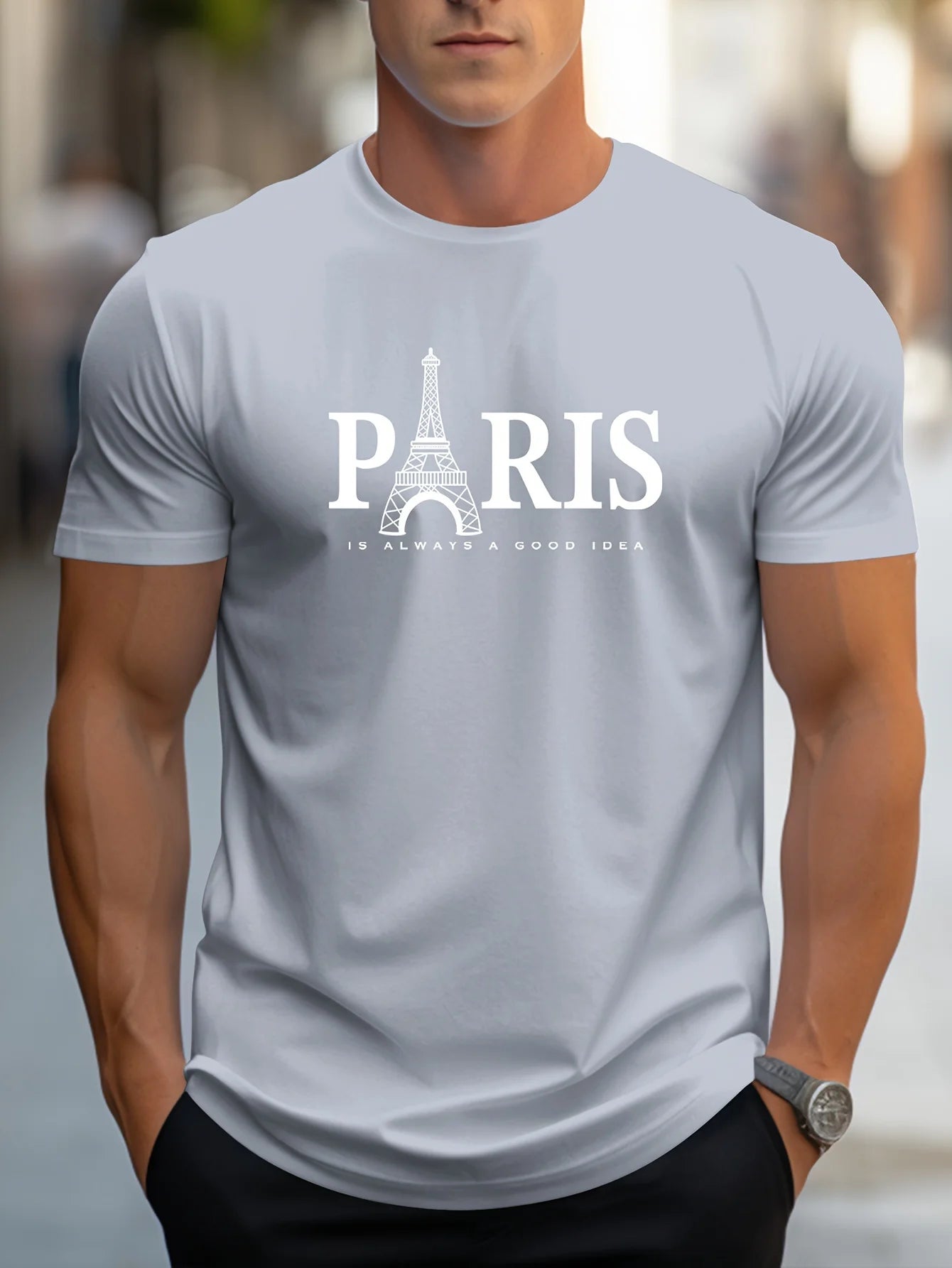 Summer Men's T Shirt Short Sleeve Paris Pattern Print Casual O-Neck Oversized
