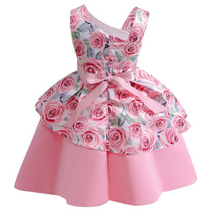 Roses Girls Dress Summer Sleeveless One Shoulder Bow Princess Kids Dress Christmas Birthday Party Costumes Children Clothing